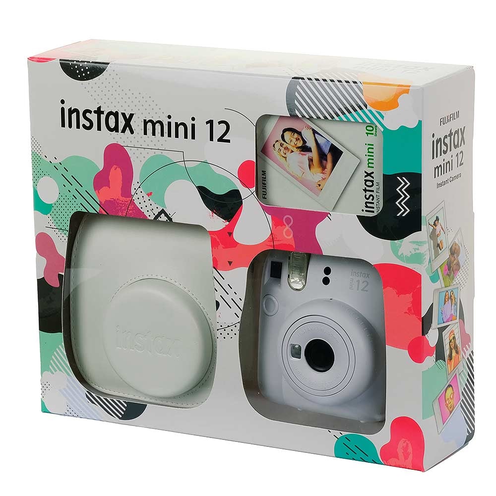 Fujifilm Instax Mini 12 camera packaging with colorful design