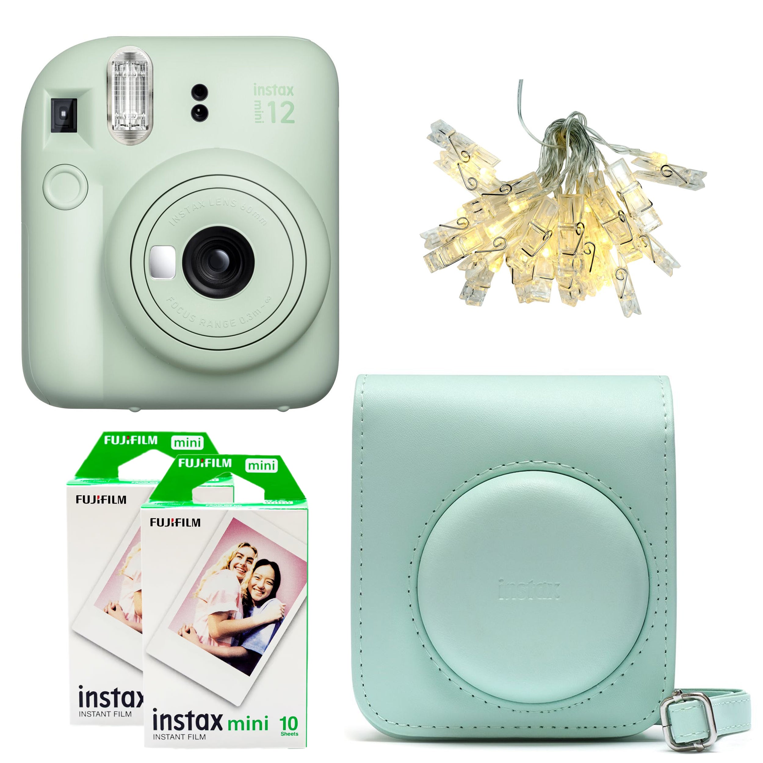 Fujifilm Instax Mini 12 Instant Film Camera Kit in Green including camera with built-in selfie mirror, automatic exposure control, and matching wrist strap.