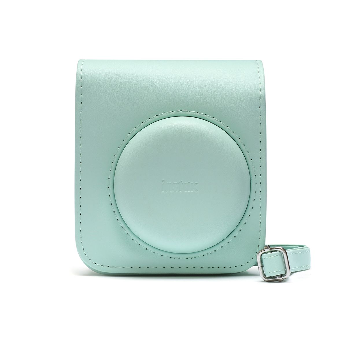 Fujifilm Instax Mini 12 Instant Film Camera Kit in Green including camera with built-in selfie mirror, automatic exposure control, and matching wrist strap.