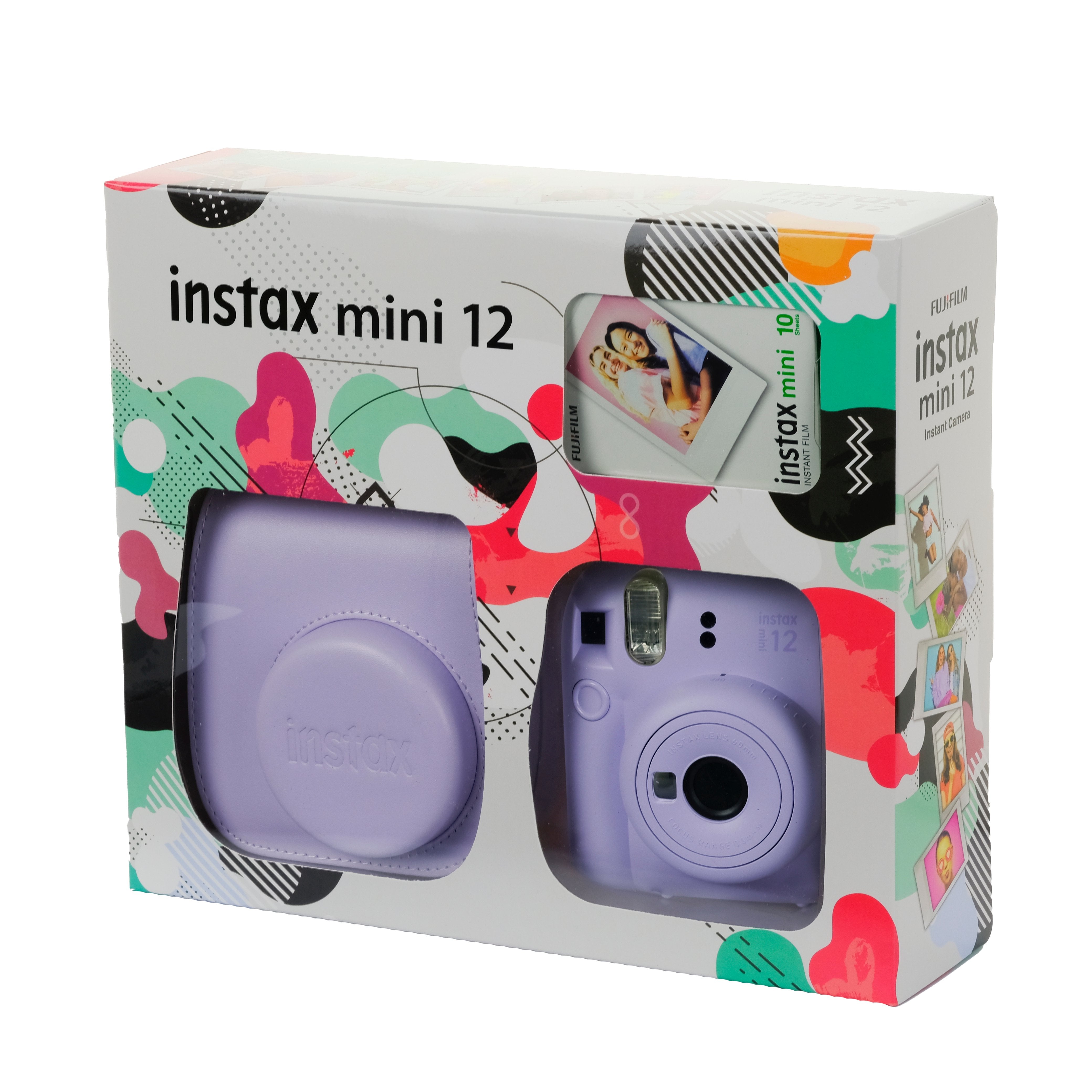 Packaging of Instax Mini 12 instant camera with colorful design