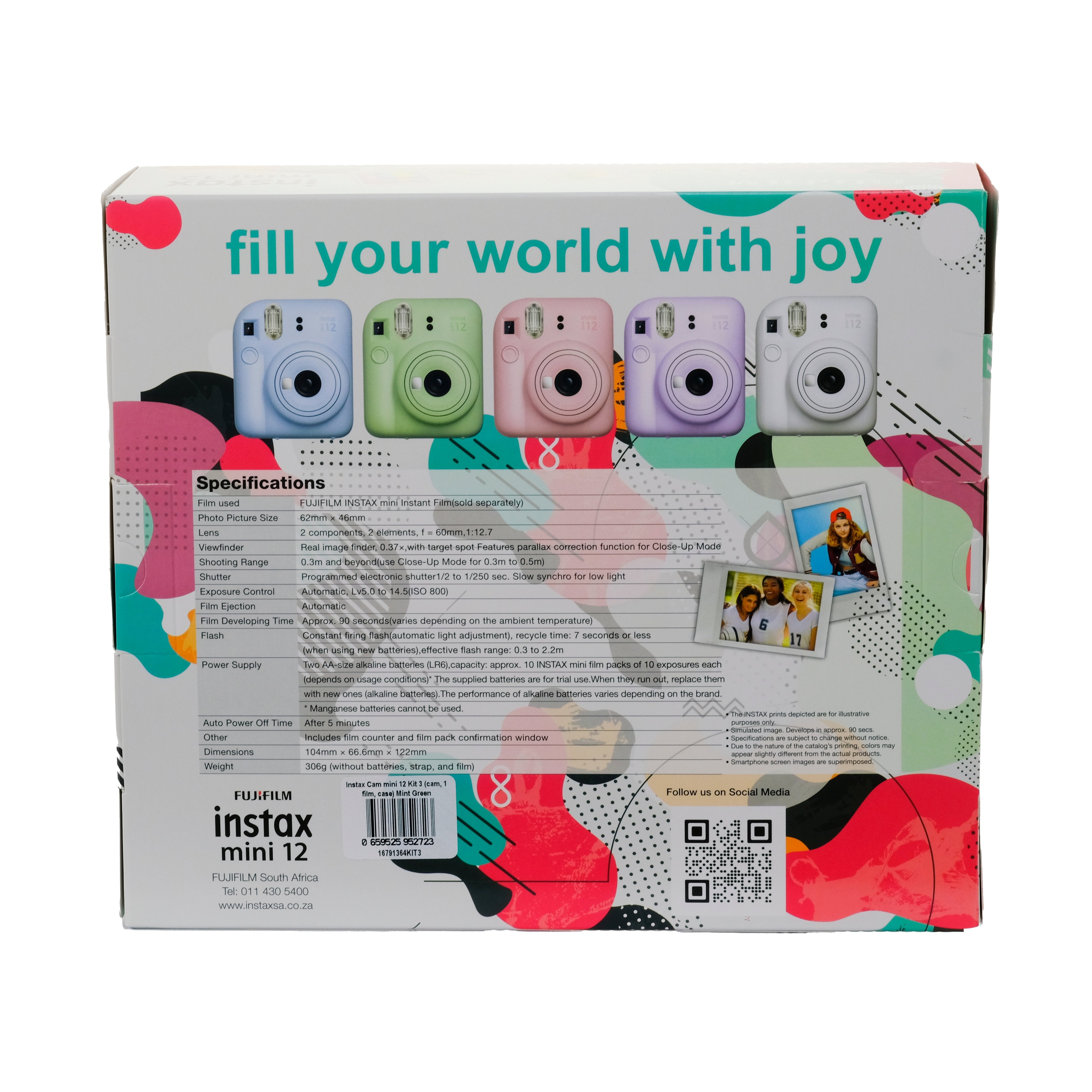 Fujifilm Instax Mini 12 camera packaging with colorful design and text 'fill your world with joy'.
