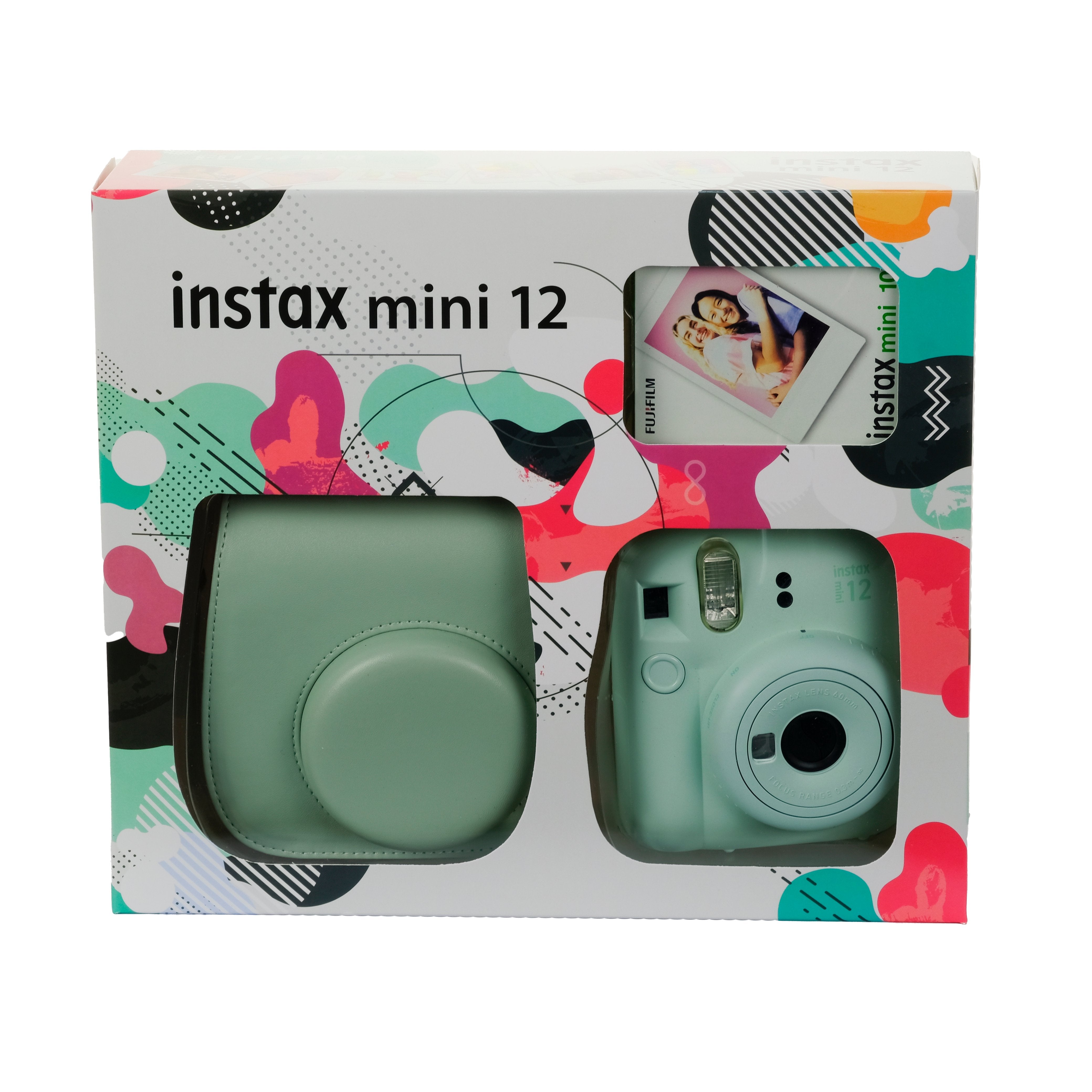 Instax Mini 12 camera packaging with colorful design
