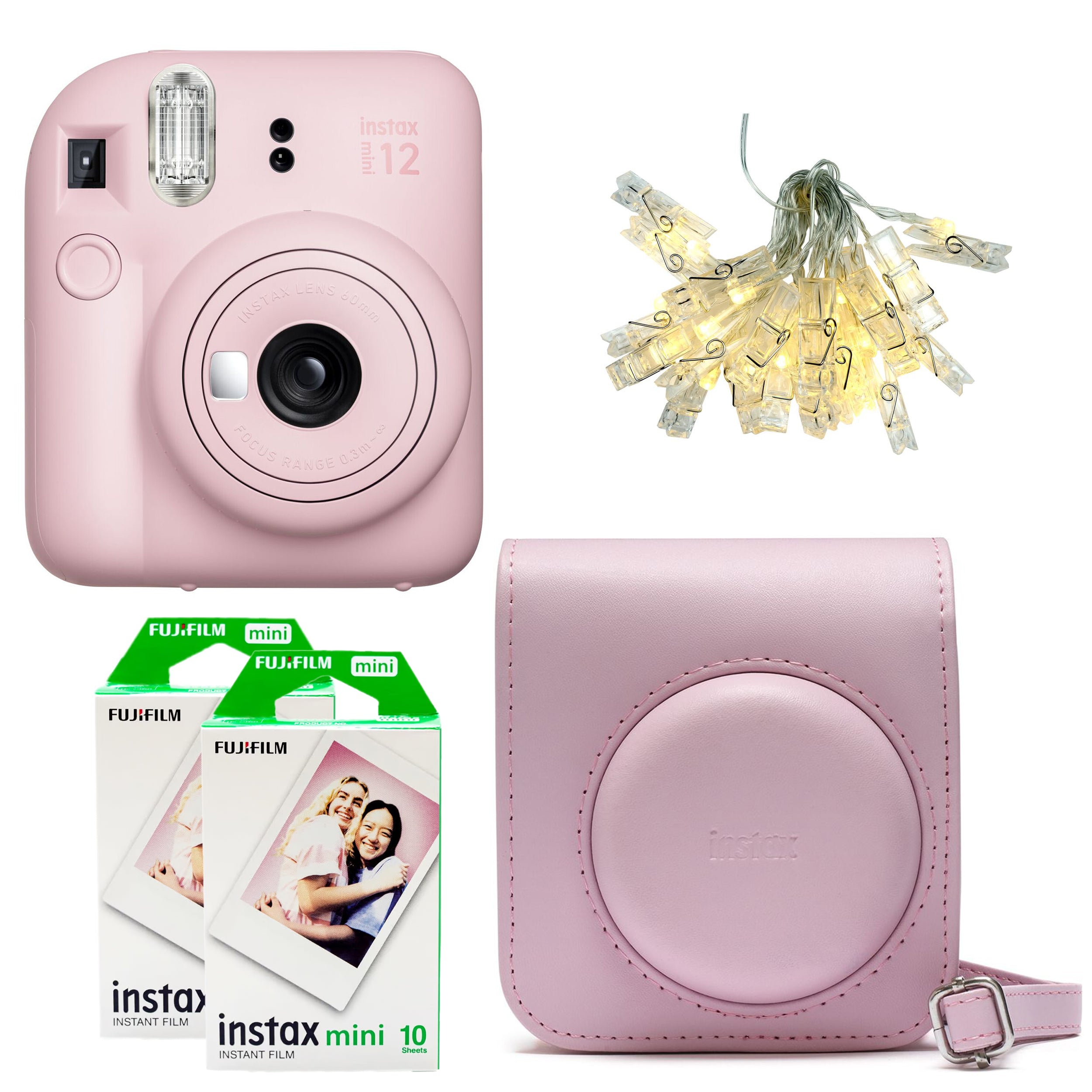 Fujifilm Instax Mini 12 Instant Film Camera Kit in Pink featuring the camera with built-in selfie mirror, automatic exposure control, and matching wrist strap.