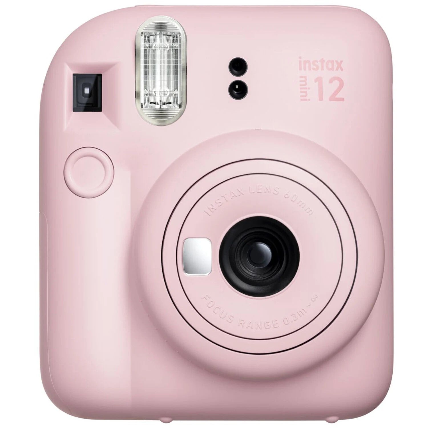 Fujifilm Instax Mini 12 Instant Film Camera Kit in Pink featuring the camera with built-in selfie mirror, automatic exposure control, and matching wrist strap.
