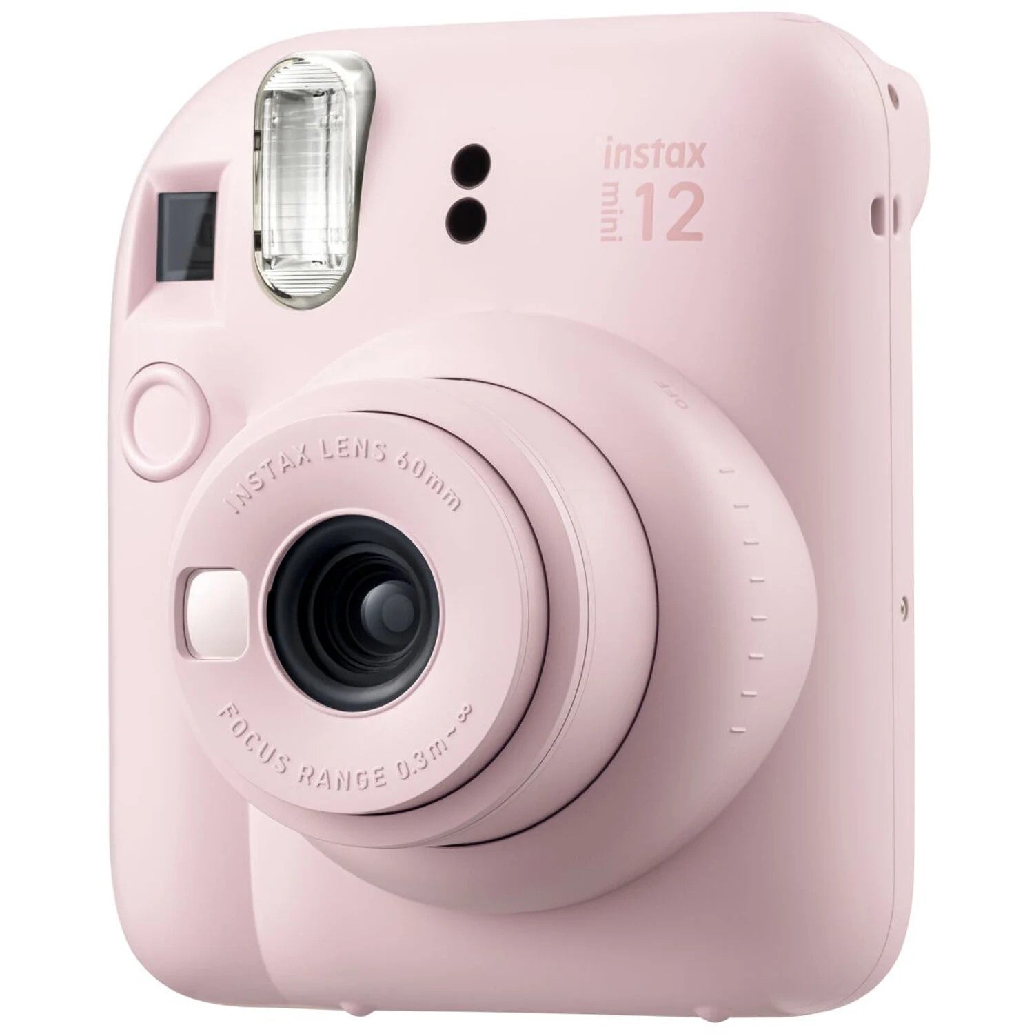 Fujifilm Instax Mini 12 Instant Film Camera Kit in Pink featuring the camera with built-in selfie mirror, automatic exposure control, and matching wrist strap.