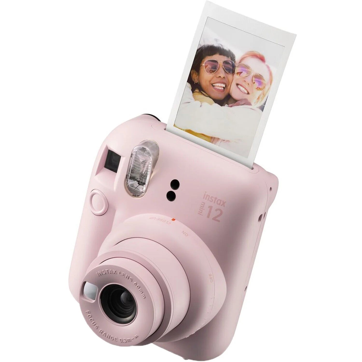 Fujifilm Instax Mini 12 Instant Film Camera Kit in Pink featuring the camera with built-in selfie mirror, automatic exposure control, and matching wrist strap.