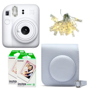 Fujifilm Instax Mini 12 Instant Film Camera Kit in White featuring built-in selfie mirror, automatic exposure control, and matching wrist strap.