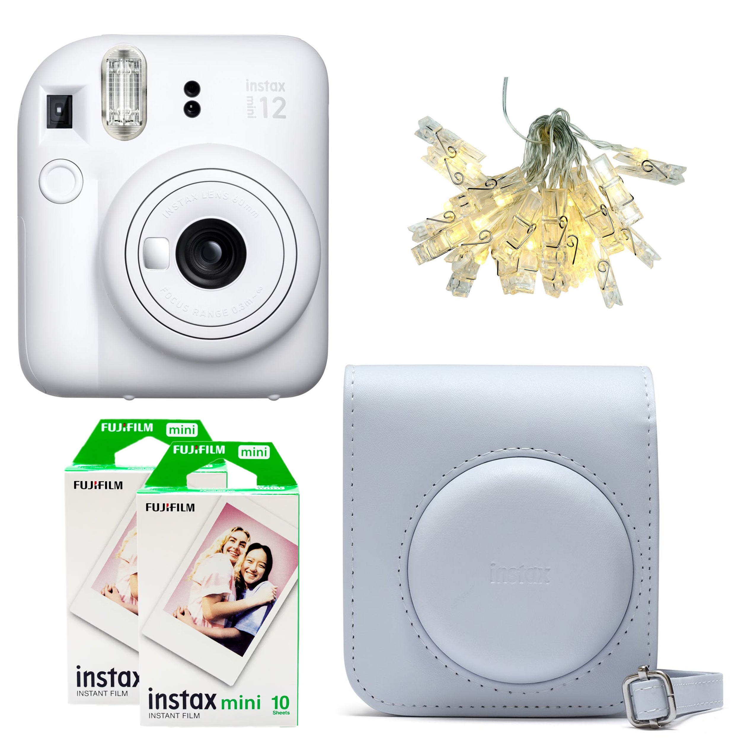 Fujifilm Instax Mini 12 Instant Film Camera Kit in White featuring built-in selfie mirror, automatic exposure control, and matching wrist strap.