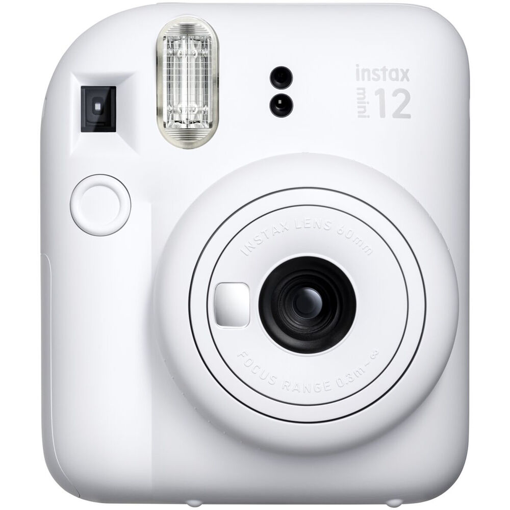 Fujifilm Instax Mini 12 Instant Film Camera Kit in White featuring built-in selfie mirror, automatic exposure control, and matching wrist strap.