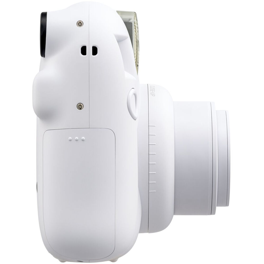 Fujifilm Instax Mini 12 Instant Film Camera Kit in White featuring built-in selfie mirror, automatic exposure control, and matching wrist strap.