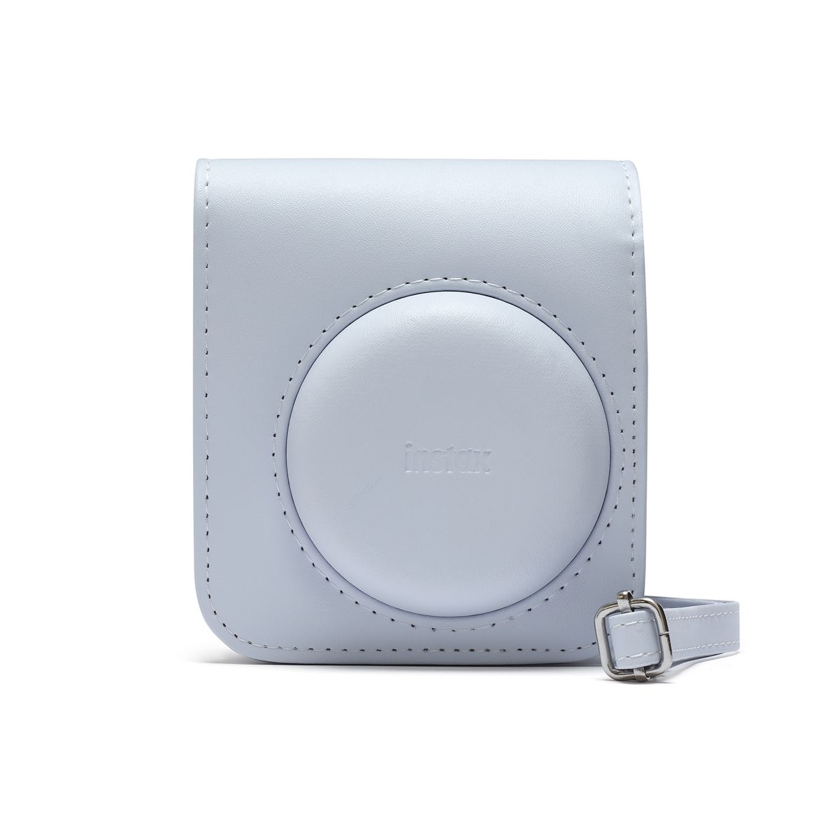 Fujifilm Instax Mini 12 Instant Film Camera Kit in White featuring built-in selfie mirror, automatic exposure control, and matching wrist strap.