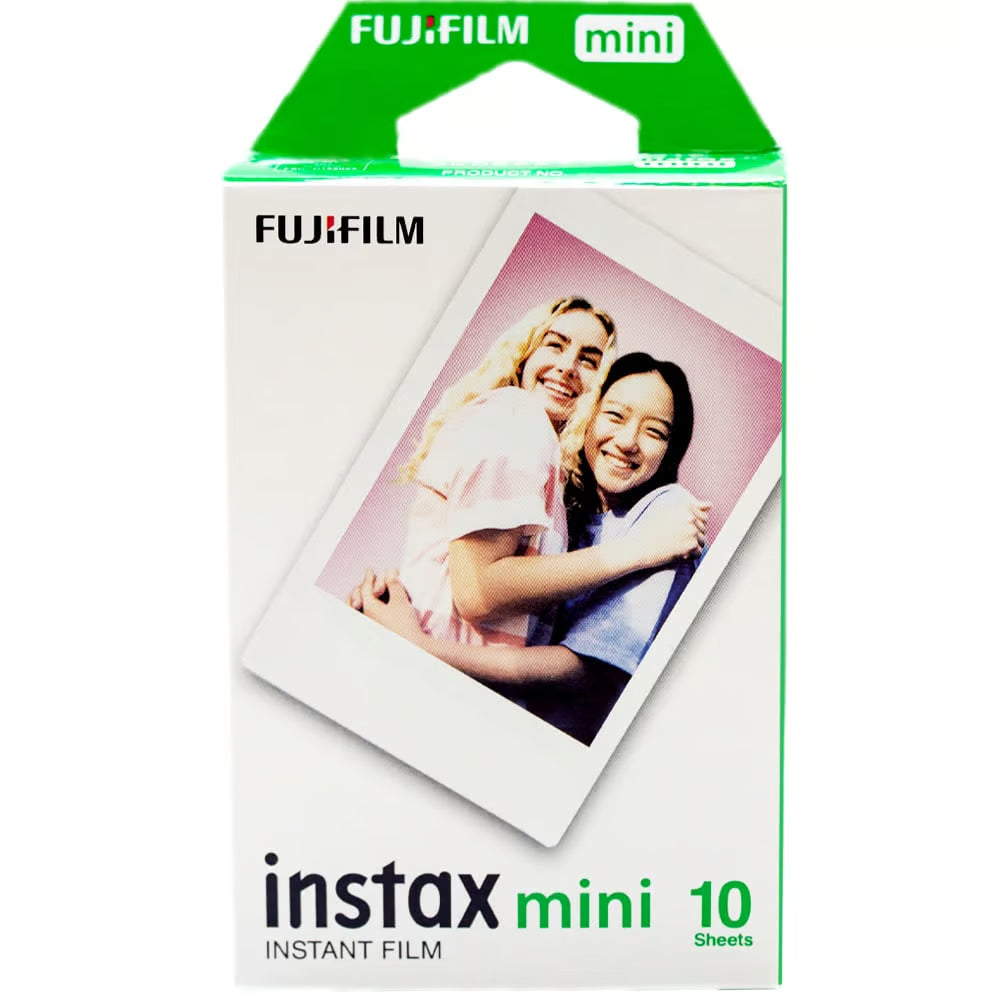 Fujifilm Instax Mini 12 Instant Film Camera Kit in Pink featuring the camera with built-in selfie mirror, automatic exposure control, and matching wrist strap.