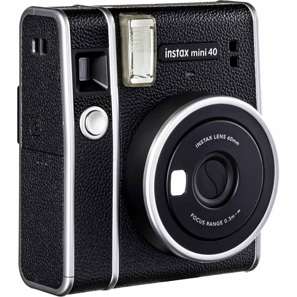 The Fujifilm Instax Mini 40 Instant Camera produces instant credit-card sized prints. It has a built-in selfie lens, auto shutter speed and auto-brightness.