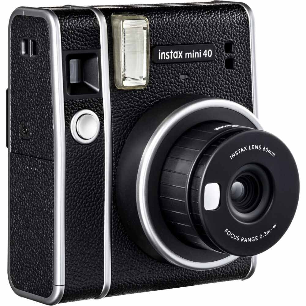 Black instant camera with 'instax mini 40' branding on a white background