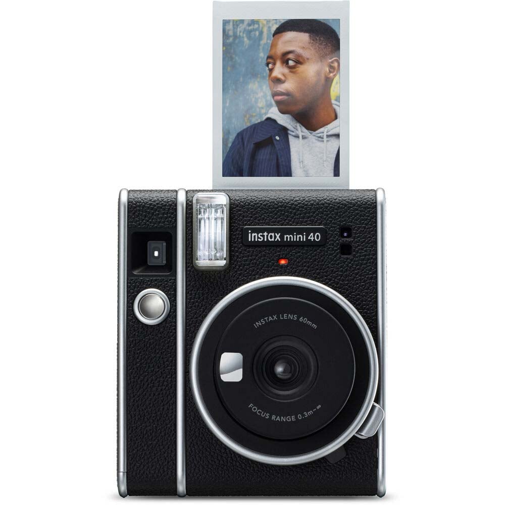 The Fujifilm Instax Mini 40 Instant Camera produces instant credit-card sized prints. It has a built-in selfie lens, auto shutter speed and auto-brightness.