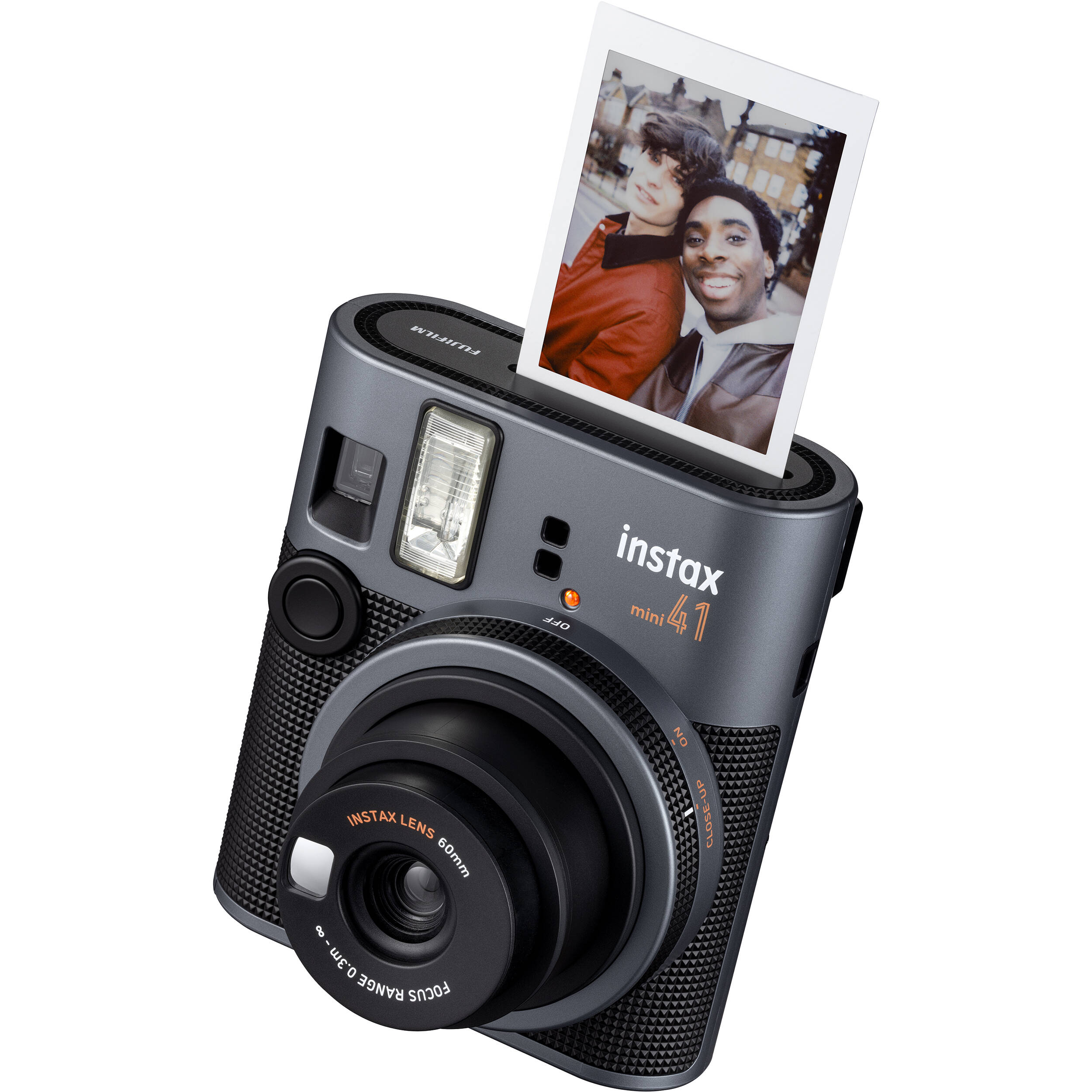 Fujifilm Instax Mini 41 instant camera with sleek two-tone design, automatic light adjustment, and close-up mode for credit card-sized instant prints