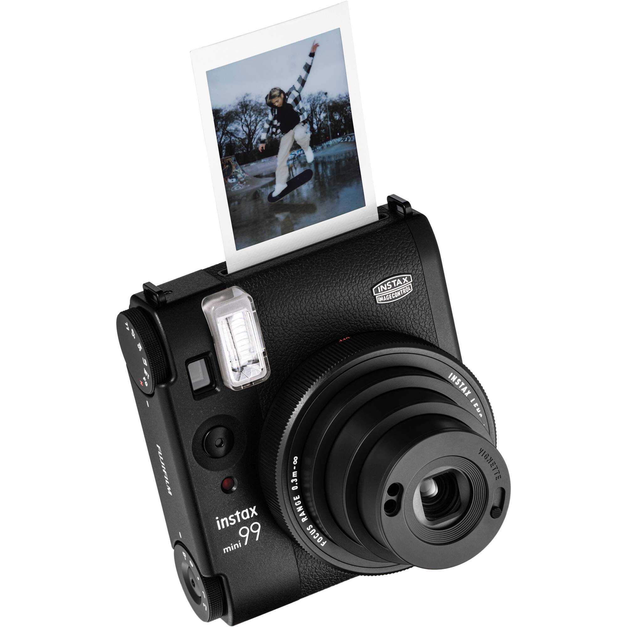 Fujifilm Instax Mini 99 instant film camera in vintage beige with textured grip, built-in flash, selfie mirror, and classic analog controls.