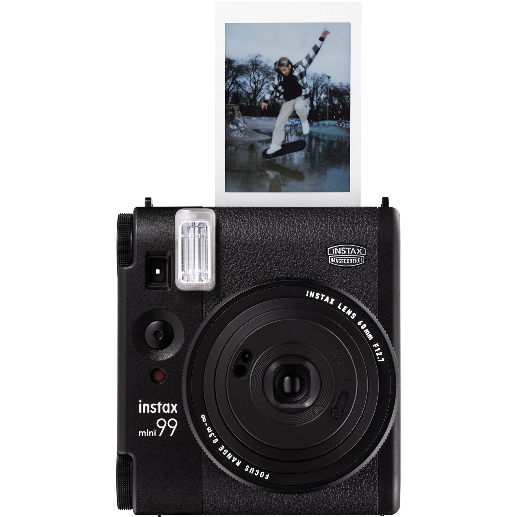 Fujifilm Instax Mini 99 instant film camera in vintage beige with textured grip, built-in flash, selfie mirror, and classic analog controls.