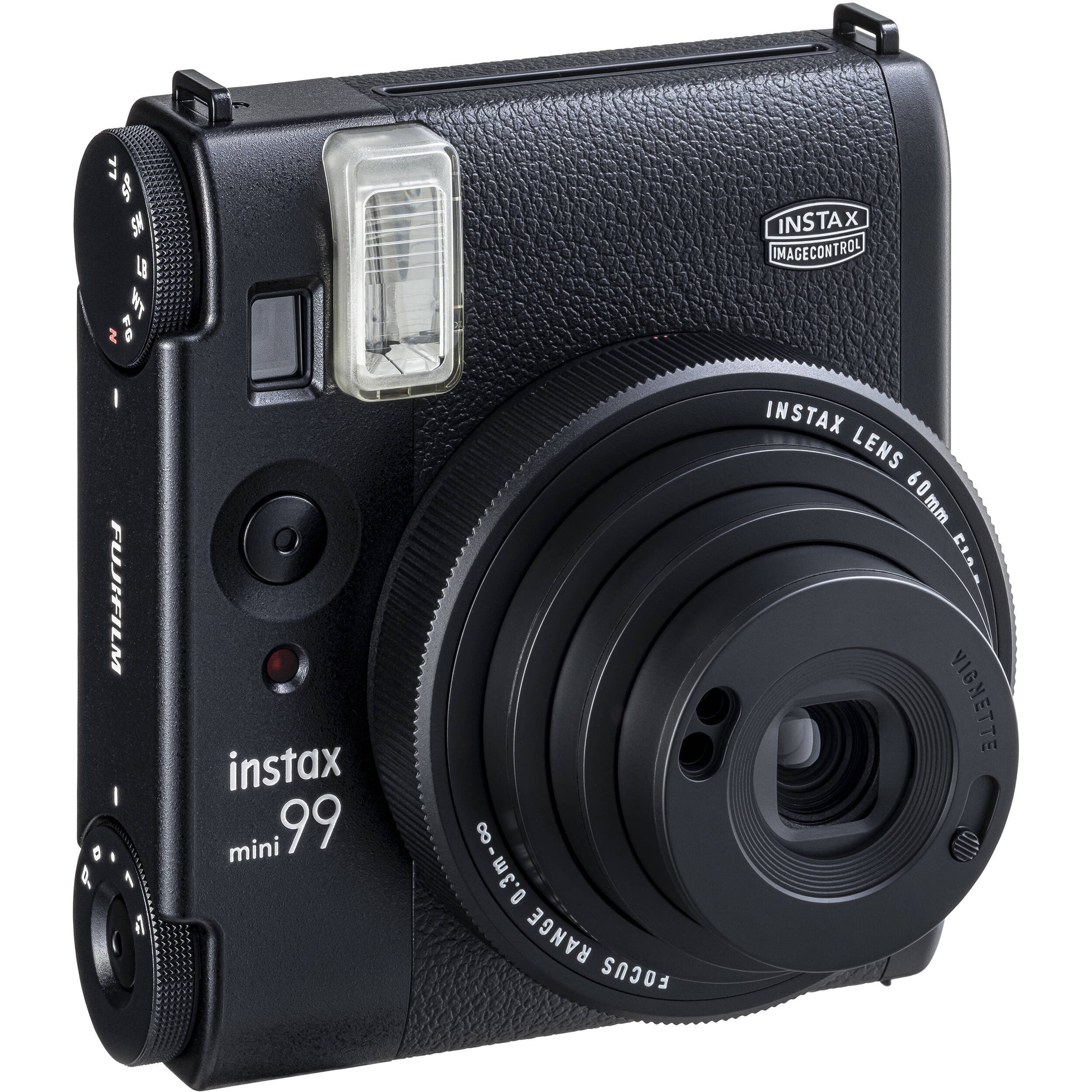 Fujifilm Instax Mini 99 instant film camera in vintage beige with textured grip, built-in flash, selfie mirror, and classic analog controls.