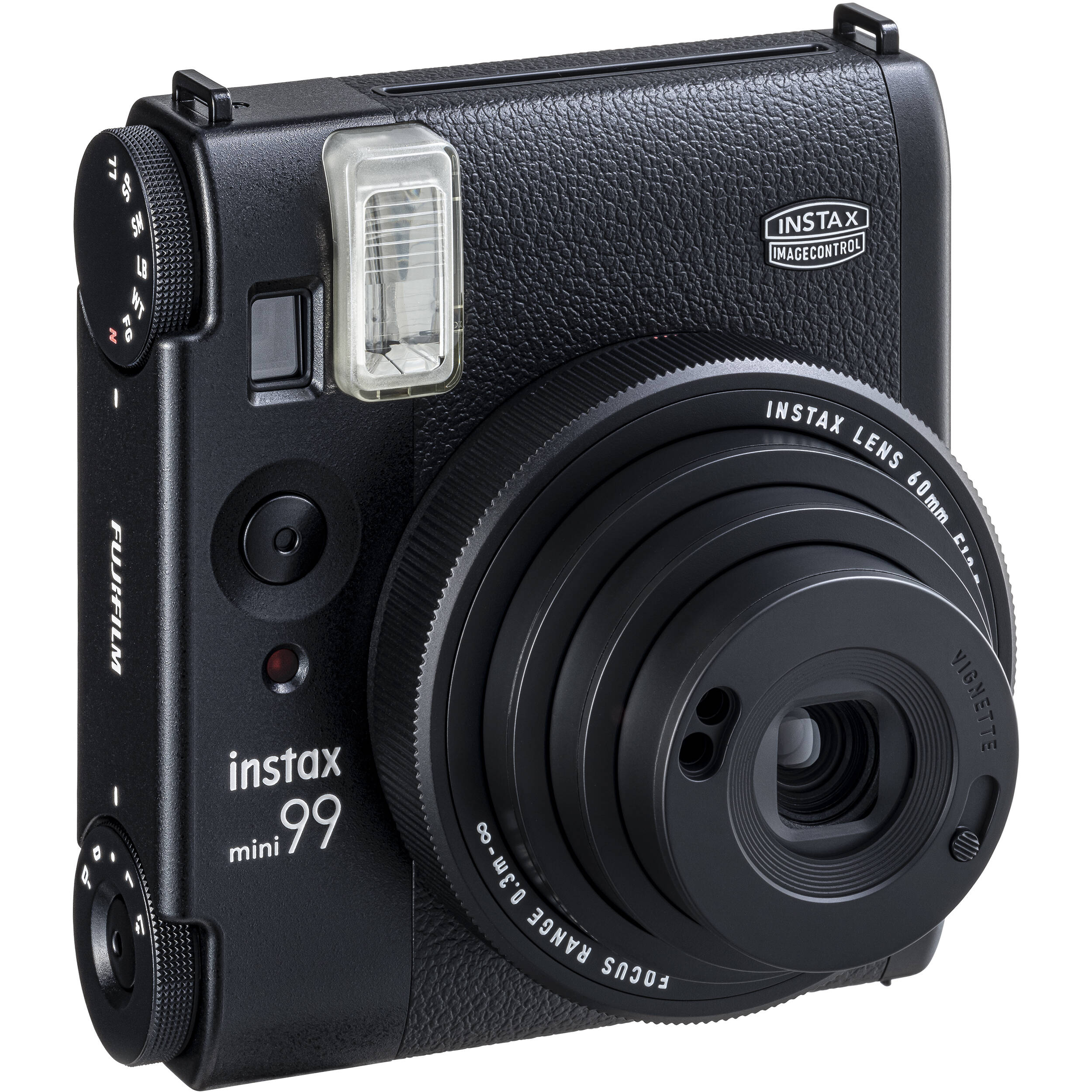 Fujifilm Instax Mini 99 instant film camera in vintage beige with textured grip, built-in flash, selfie mirror, and classic analog controls.