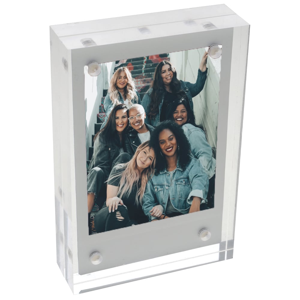 Fujifilm Instax Mini clear acrylic magnetic frame designed to hold and display Instax Mini photos securely with four magnets