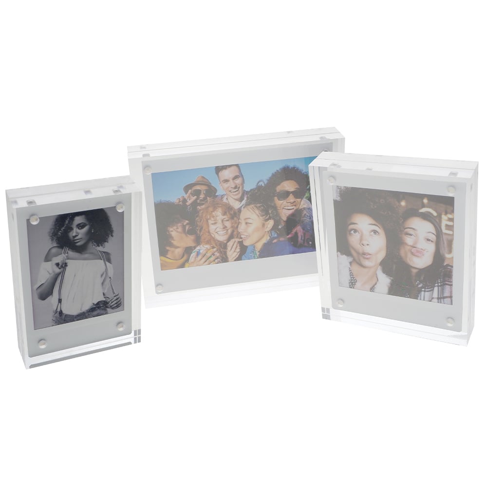 Fujifilm Instax Mini clear acrylic magnetic frame designed to hold and display Instax Mini photos securely with four magnets