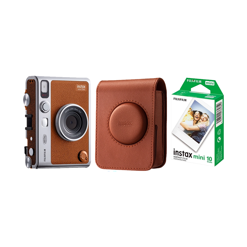 Fujifilm Instax Mini Evo Camera Brown Kit – hybrid instant camera in a classic brown finish, featuring digital preview, built-in effects, and instant print capability.