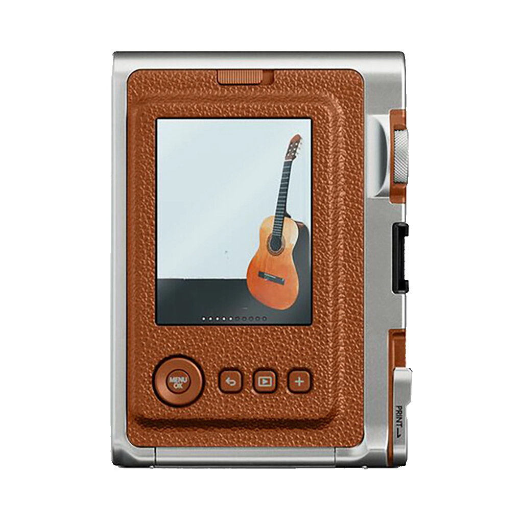 Fujifilm Instax Mini Evo Instant Film Camera (Brown) – stylish hybrid instant camera with retro brown design, digital display, lens and film effects, and instant printing.