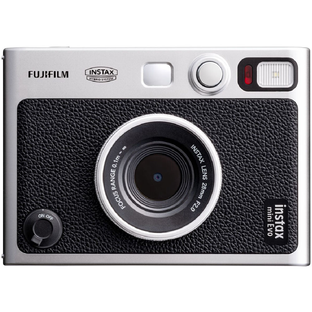 Fujifilm Instax Mini EVO instant camera with lens and film effects.