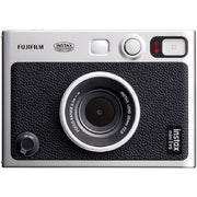 Fujifilm Instax Mini EVO instant camera with lens and film effects.
