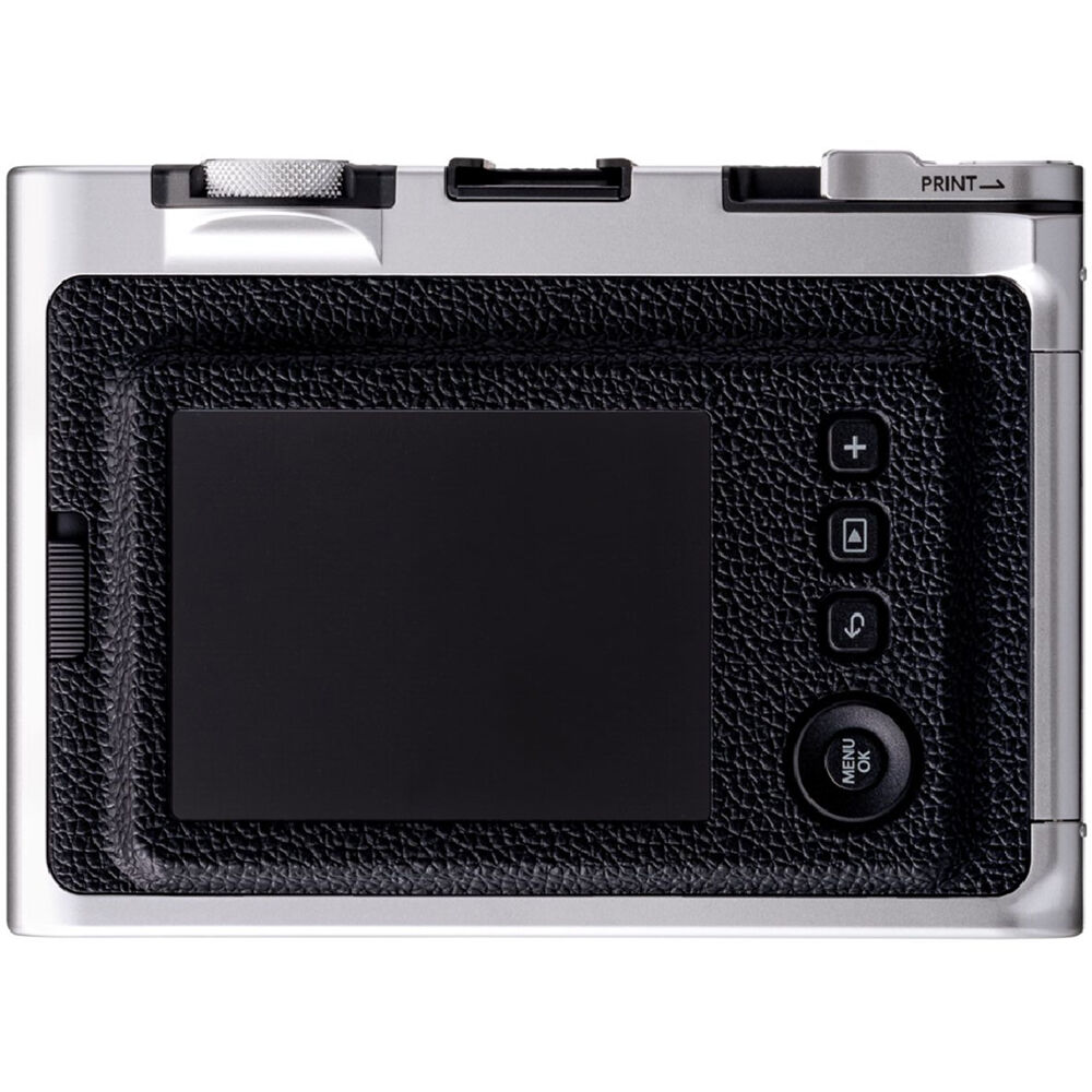 Fujifilm Instax Mini EVO instant camera with lens and film effects.