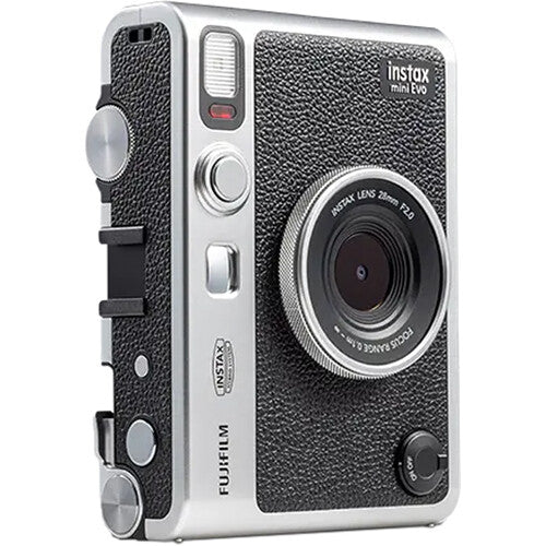 Fujifilm Instax Mini EVO instant camera with lens and film effects.