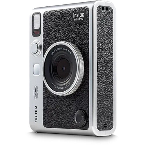 Fujifilm Instax Mini EVO instant camera with lens and film effects.