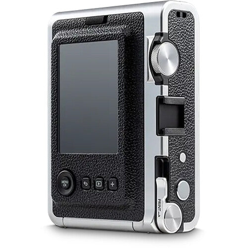 Fujifilm Instax Mini EVO instant camera with lens and film effects.