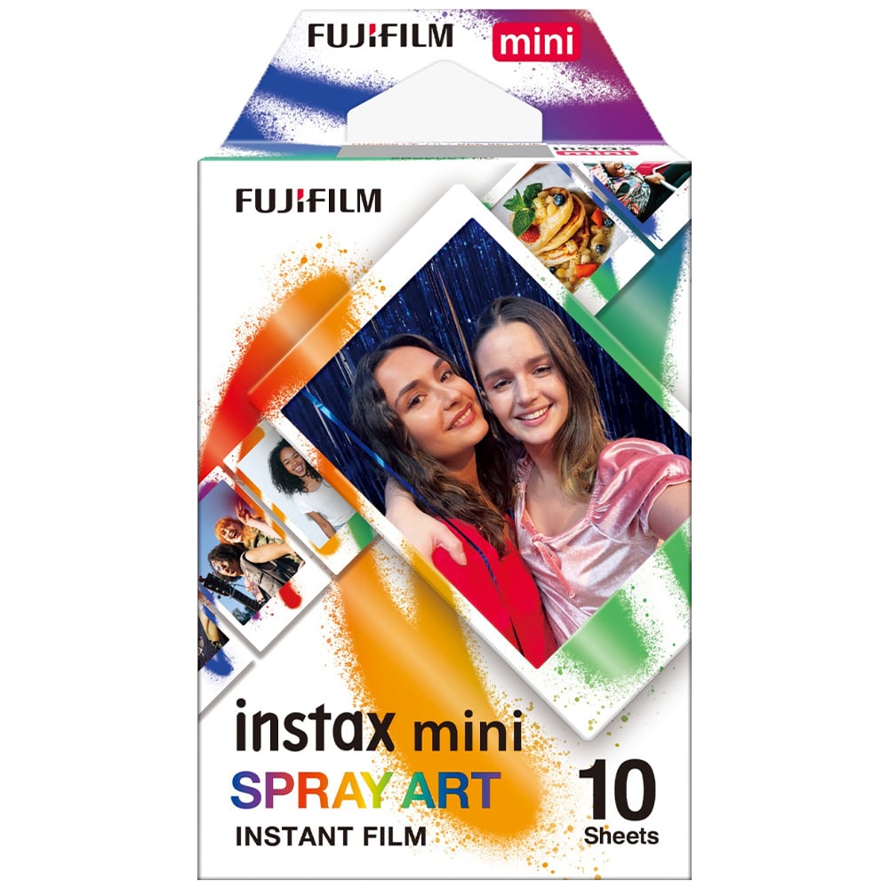 Fujifilm Instax Mini Instant Film Spray Paint Edition – 10-pack of instant film with vibrant spray paint-style borders, compatible with all Instax Mini cameras and printers.