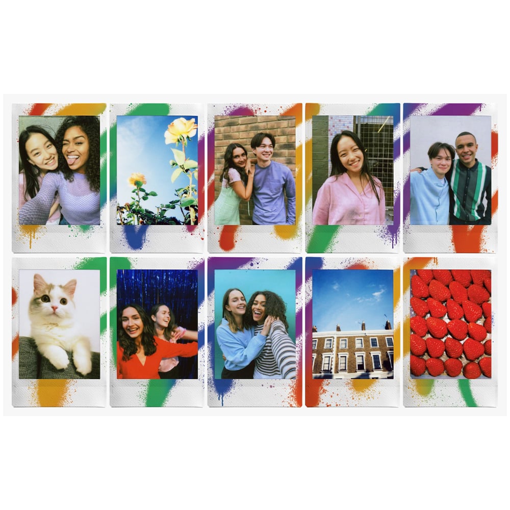 Fujifilm Instax Mini Instant Film Spray Paint Edition – 10-pack of instant film with vibrant spray paint-style borders, compatible with all Instax Mini cameras and printers.