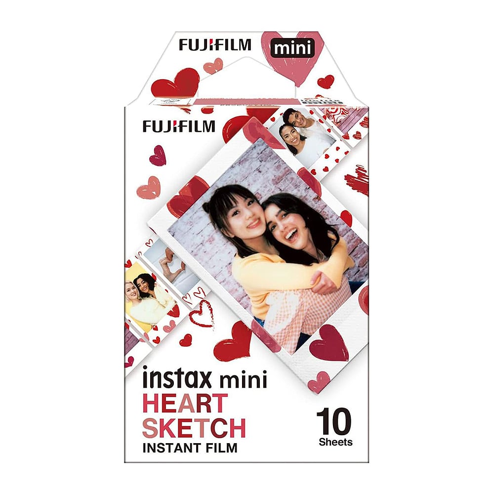 Fujifilm Instax Mini Heart Sketch instant film pack with 10 sheets, featuring heart-doodle designs on credit card-sized photos
