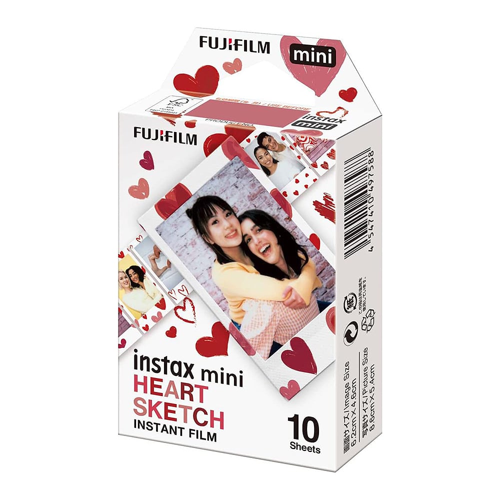 Fujifilm Instax Mini Heart Sketch instant film pack with 10 sheets, featuring heart-doodle designs on credit card-sized photos