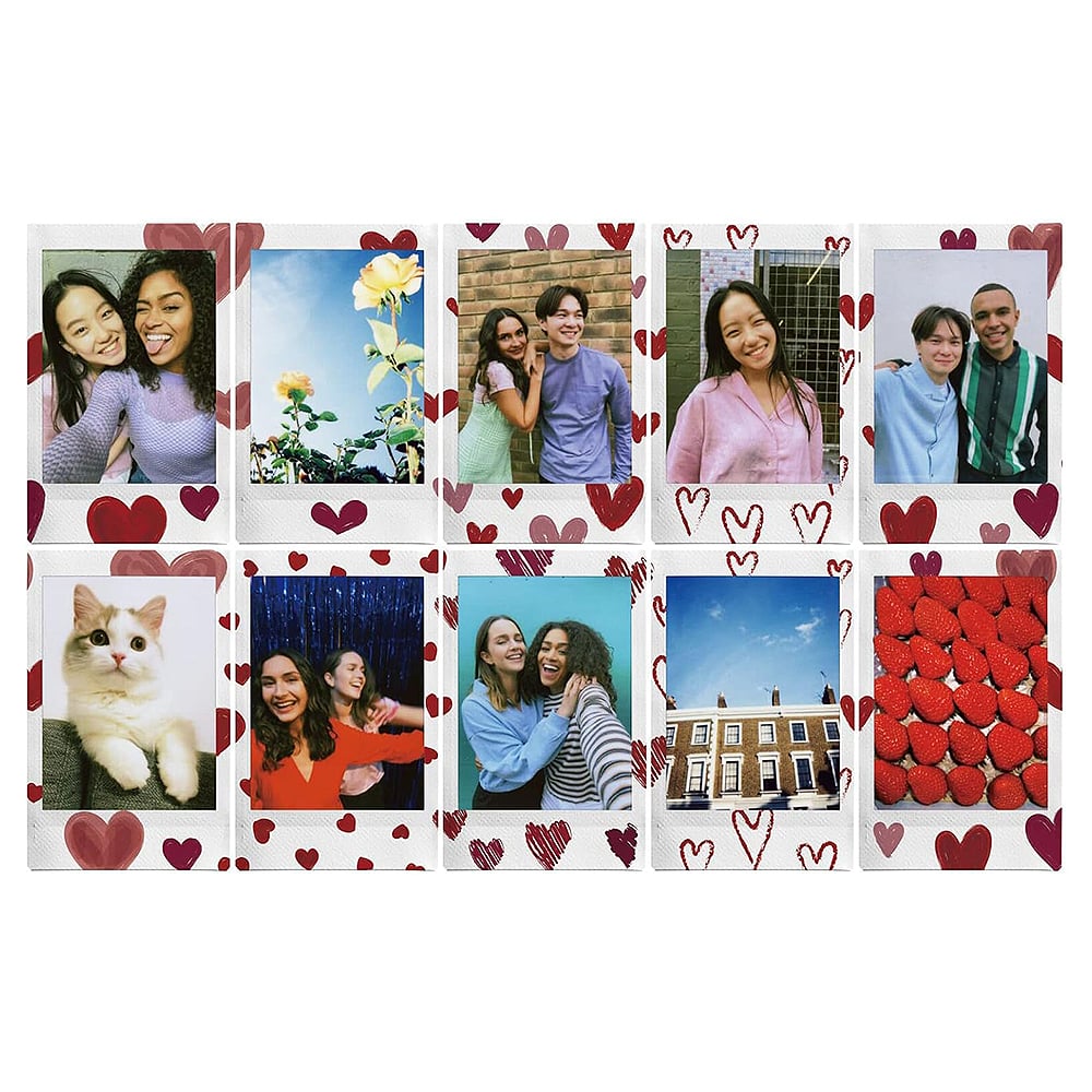 Fujifilm Instax Mini Heart Sketch instant film pack with 10 sheets, featuring heart-doodle designs on credit card-sized photos