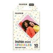 Fujifilm Instax Mini Sprinkles instant film pack with 10 sheets, featuring colorful sprinkle border design for credit card-sized photos