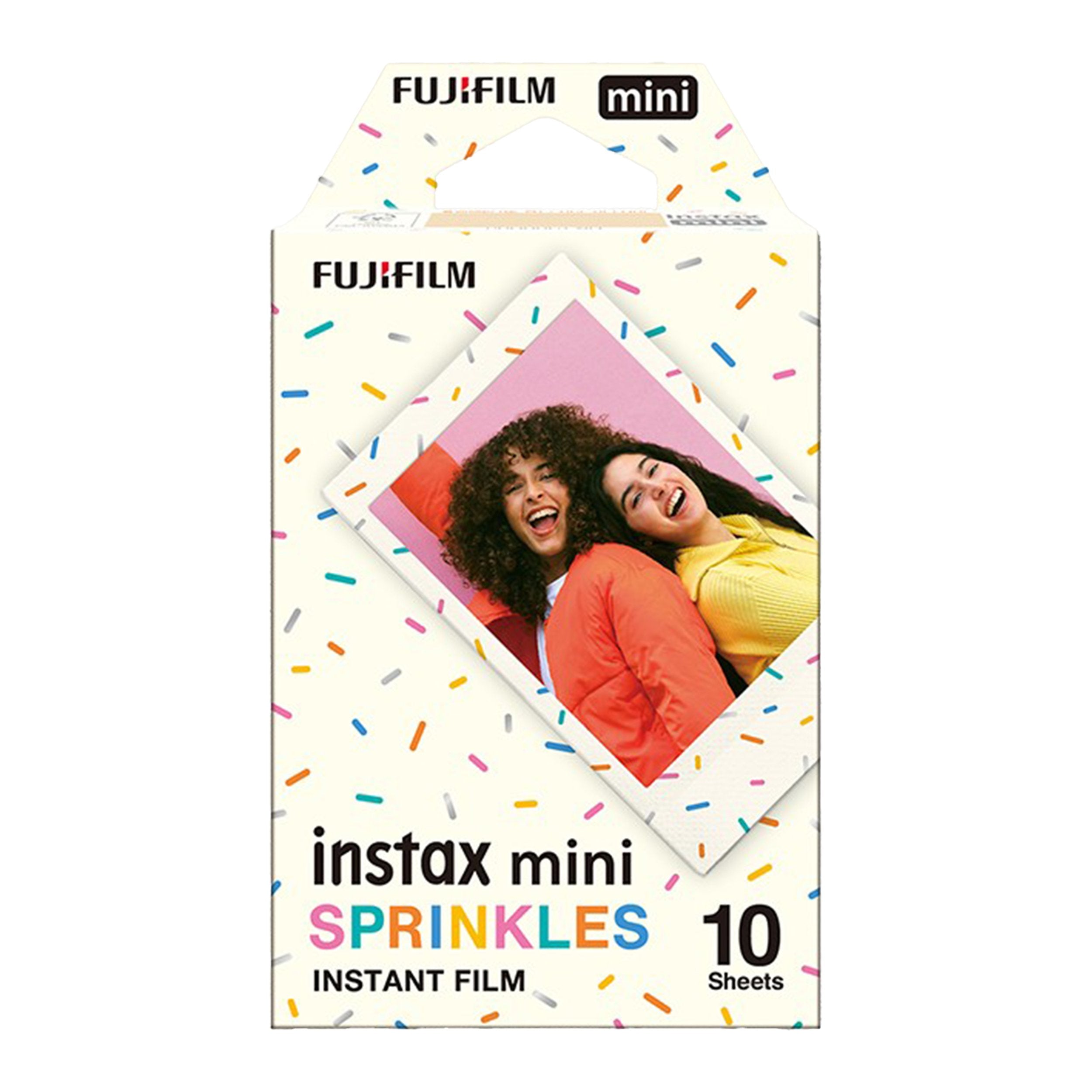 Fujifilm Instax Mini Sprinkles instant film pack with 10 sheets, featuring colorful sprinkle border design for credit card-sized photos