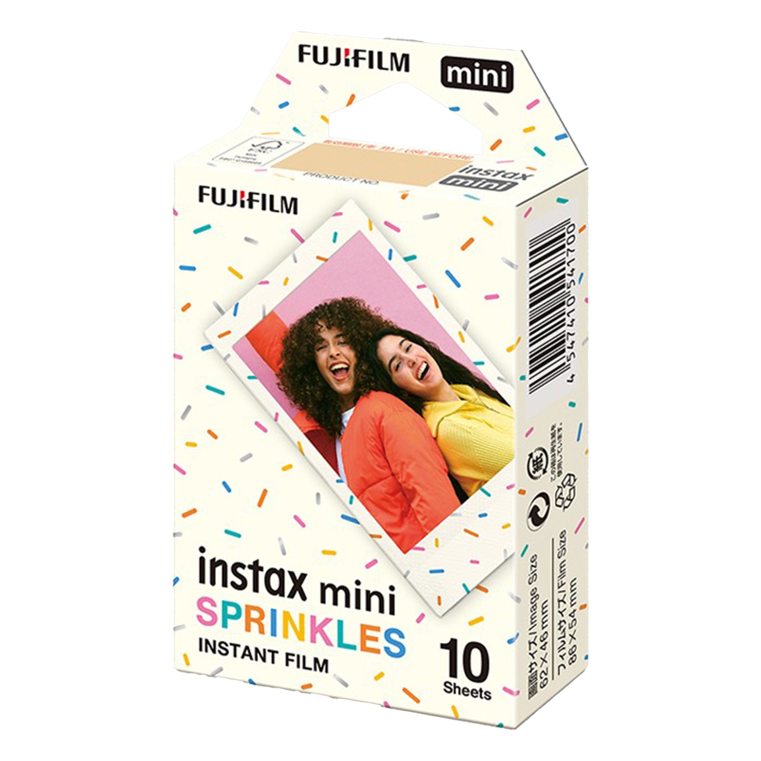 Fujifilm Instax Mini Sprinkles instant film pack with 10 sheets, featuring colorful sprinkle border design for credit card-sized photos