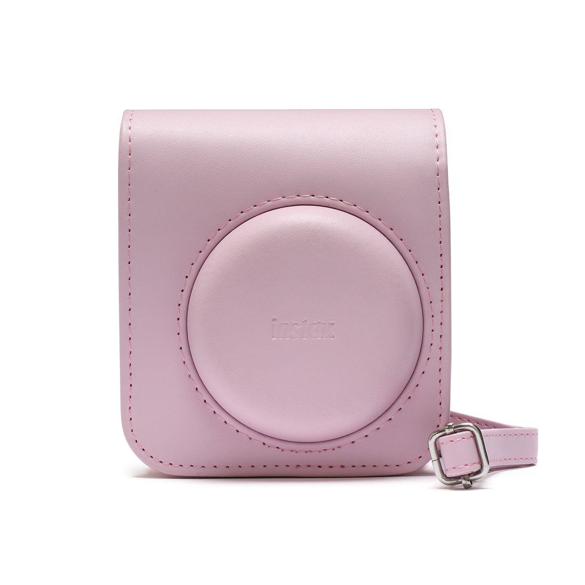 Fujifilm Instax Mini 12 Instant Film Camera Kit in Pink featuring the camera with built-in selfie mirror, automatic exposure control, and matching wrist strap.