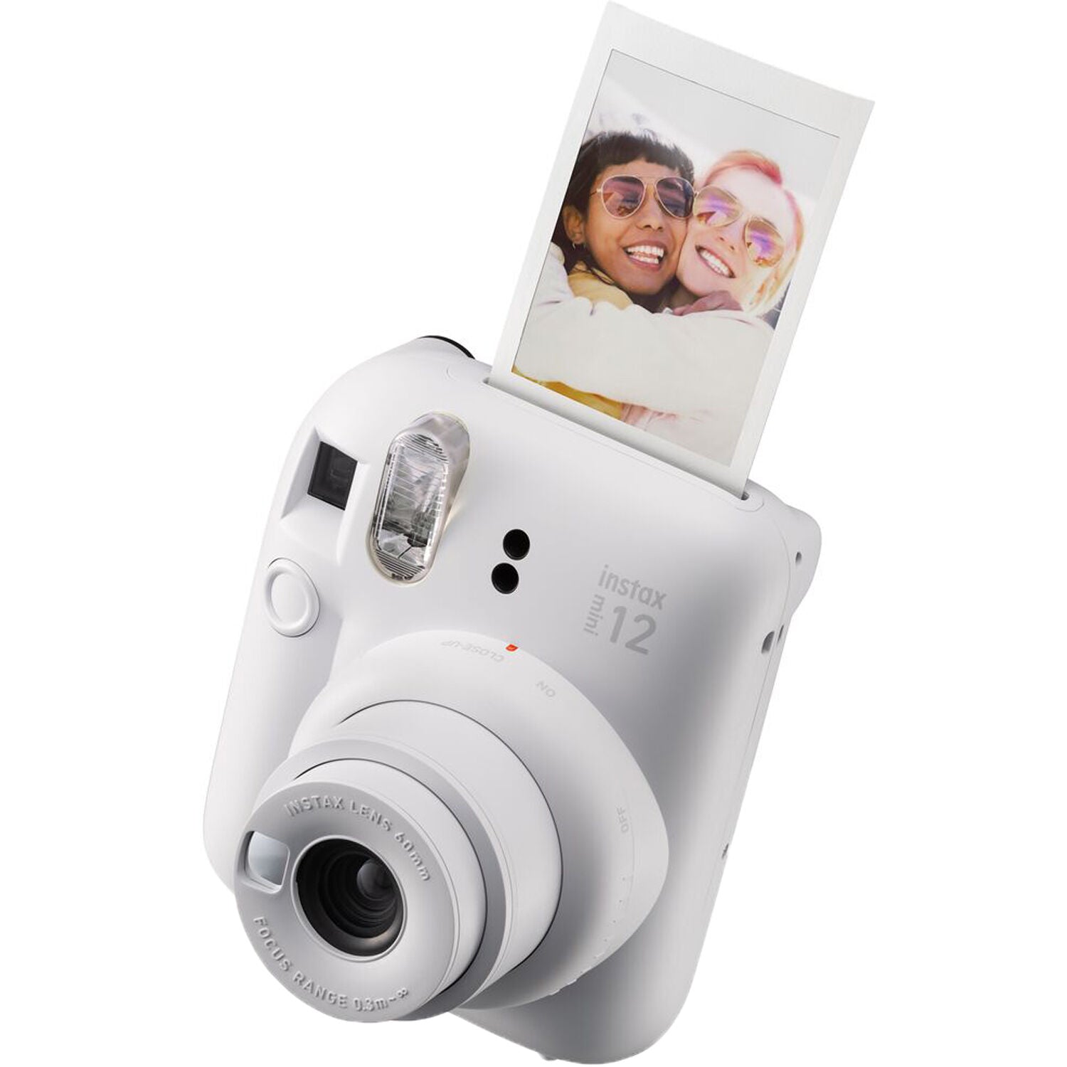 Fujifilm Instax Mini 12 Instant Film Camera Kit in White featuring built-in selfie mirror, automatic exposure control, and matching wrist strap.