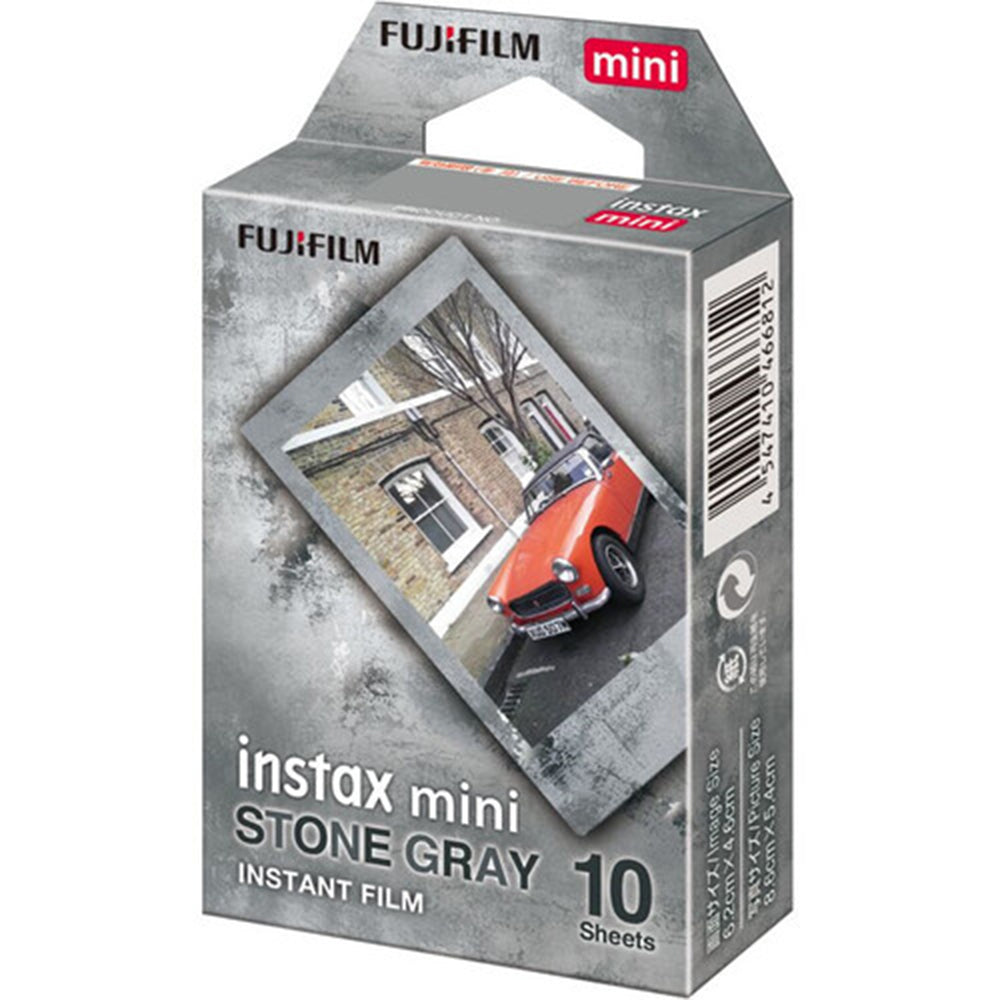 Fujifilm Instax Mini Stone Gray instant film pack of 10 exposures featuring credit-card-sized color film with a matte stone gray border and silver metallic accents.
