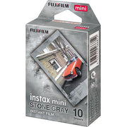 Fujifilm Instax Mini Stone Gray instant film pack of 10 exposures featuring credit-card-sized color film with a matte stone gray border and silver metallic accents.