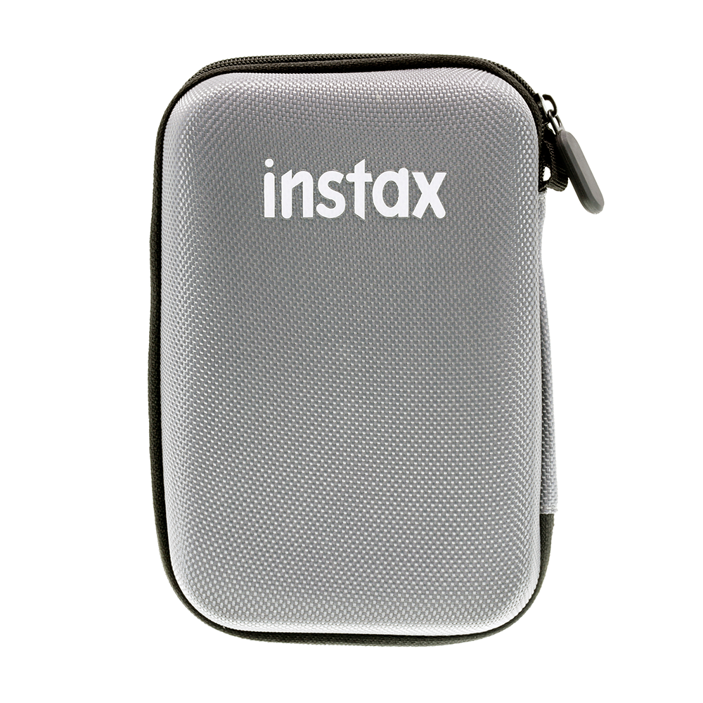 Fujifilm Instax Mini Link grey hard shell protective case with woven textured exterior and internal mesh pockets for smartphone printer storage