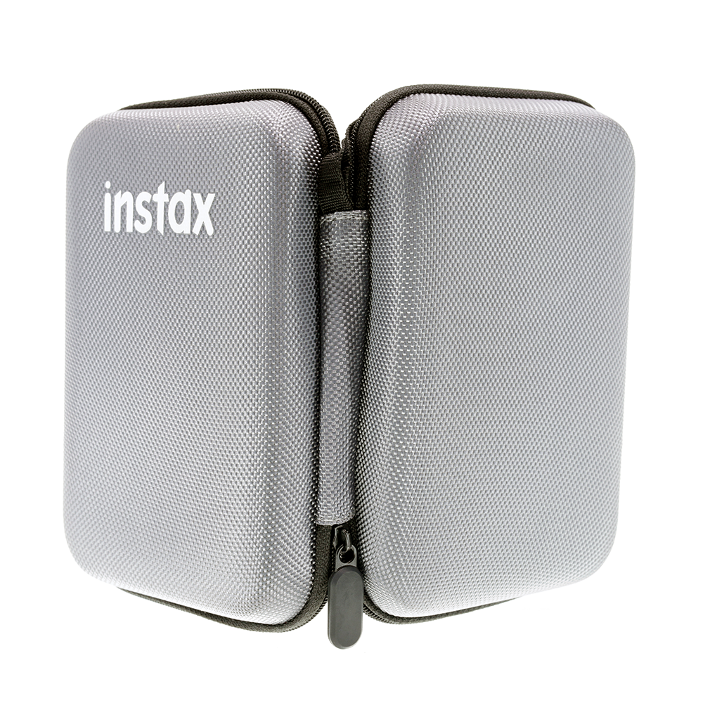 Fujifilm Instax Mini Link grey hard shell protective case with woven textured exterior and internal mesh pockets for smartphone printer storage