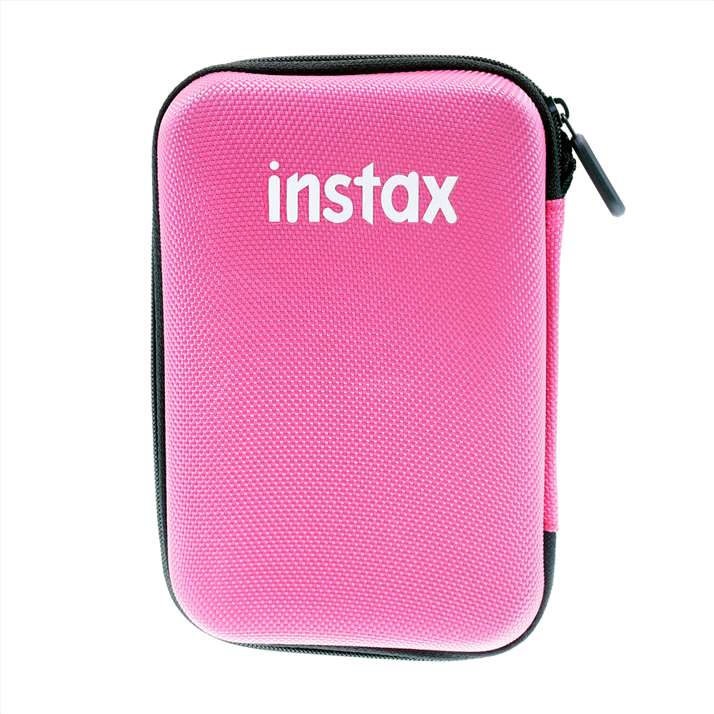 Fujifilm Instax Mini Link pink hard shell protective case with internal mesh pockets for storing smartphone printer accessories