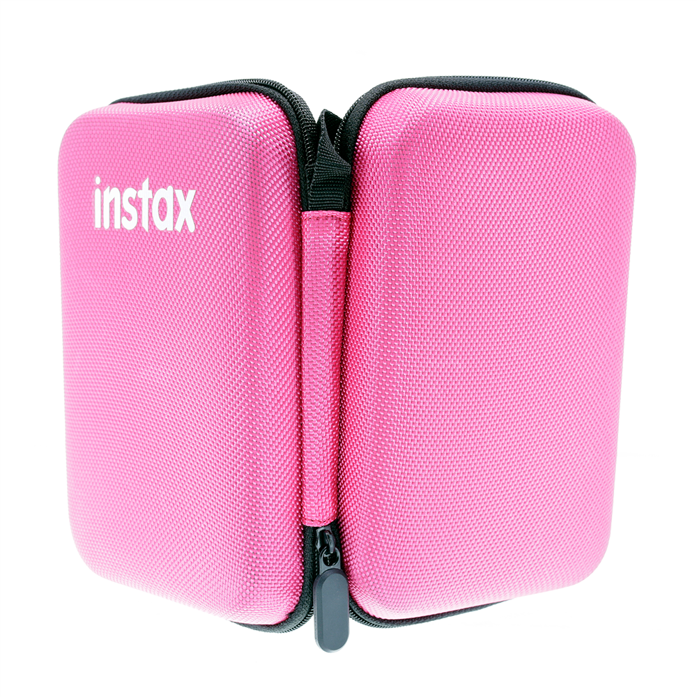 Fujifilm Instax Mini Link pink hard shell protective case with internal mesh pockets for storing smartphone printer accessories